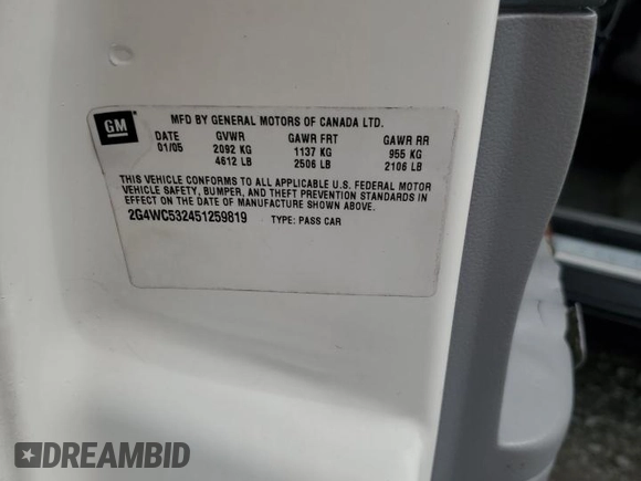 2005 Buick LaCrosse CX with VIN 2G4WC532451259819, listed as a Copart auction lot 59794225 with Not provided miles and Salvage title. Bid and sale history available at DreamBid. Image 12.
