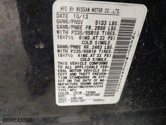 2014 Nissan Murano S with VIN JN8AZ1MU2EW402544, listed as a IAAI auction lot 41732067 with 148,773 mi miles. Bid and sale history available at carsss.com. Image 9.