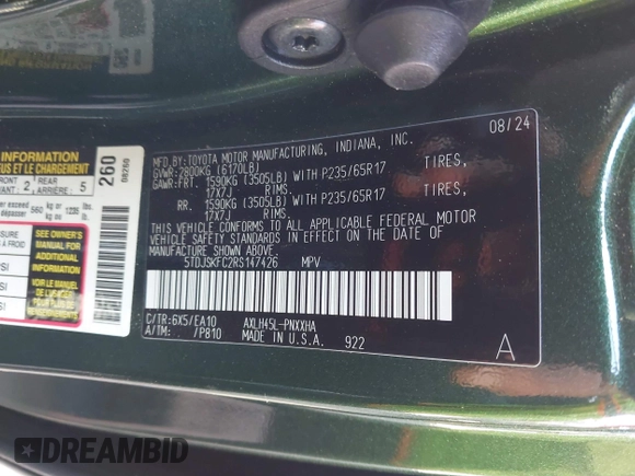 2024 Toyota Sienna XLE with VIN 5TDJSKFC2RS147426, listed as a IAAI auction lot 40587895 with 2,143 mi miles and . Bid and sale history available at DreamBid. Image 9.