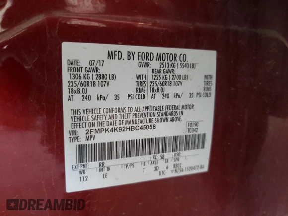 2017 Ford Edge Titanium z VIN 2FMPK4K92HBC45058, wystawiony jako Copart lot #58006095 z przebiegiem 88 514 mil mil oraz Szkoda całkowita • Salvage title. Historia ofert i sprzedaży dostępna na DreamBid. Obrazek 13.