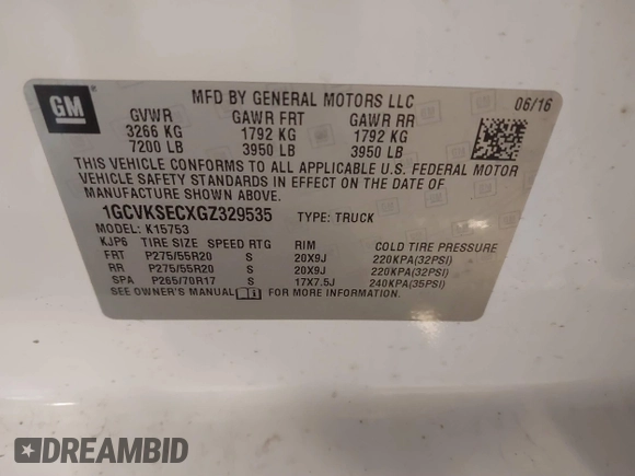 2016 Chevrolet Silverado 1500 LTZ with VIN 1GCVKSECXGZ329535, listed as a IAAI auction lot 41780464 with 117,901 mi miles and . Bid and sale history available at DreamBid. Image 9.