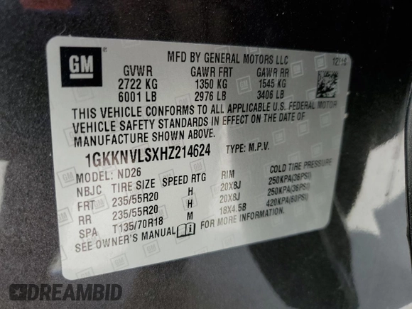 2017 GMC Acadia SLT with VIN 1GKKNVLSXHZ214624, listed as a Copart auction lot 53674125 with 94,356 mi miles and Salvage title. Bid and sale history available at DreamBid. Image 14.