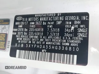 2017 Kia Sorento EX with VIN 5XYPHDA55HG336810, listed as a IAAI auction lot 39946463 with 129,876 mi miles and . Bid and sale history available at carsss.com. Image 9.