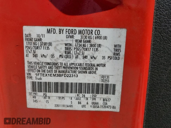 2011 Ford F-150 XL with VIN 1FTEX1EM3BFD22313, listed as a Copart auction lot 57723715 with 211,050 mi miles and Salvage title. Bid and sale history available at DreamBid. Image 12.