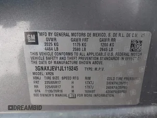 2018 Chevrolet Equinox LT with VIN 3GNAXJEV1JL119245, listed as a IAAI auction lot 41987159 with 54,489 mi miles and . Bid and sale history available at DreamBid. Image 9.