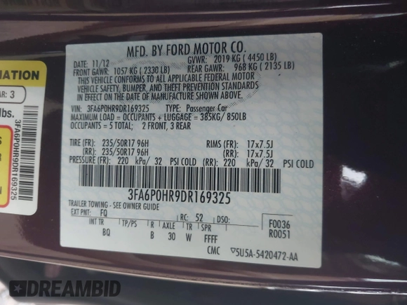 2013 Ford Fusion SE with VIN 3FA6P0HR9DR169325, listed as a IAAI auction lot 42165683 with 71,194 mi miles and . Bid and sale history available at DreamBid. Image 9.