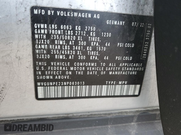 2022 Volkswagen ID.4 Pro S z VIN WVGUNPE23NP063013, wystawiony jako Copart lot #50753455 z przebiegiem 38 594 mil mil oraz Szkoda całkowita • Salvage title. Historia ofert i sprzedaży dostępna na DreamBid. Obrazek 13.