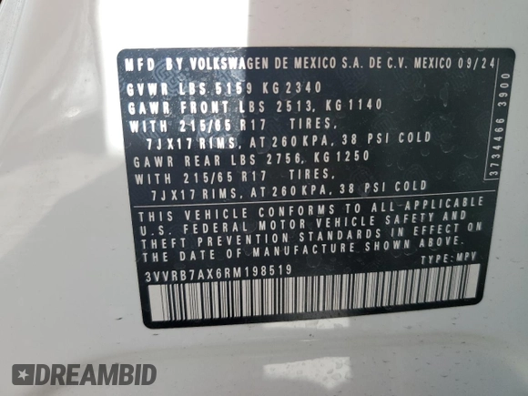 2024 Volkswagen Tiguan S with VIN 3VVRB7AX6RM198519, listed as a Copart auction lot 55683755 with Not provided miles and Salvage title. Bid and sale history available at DreamBid. Image 14.