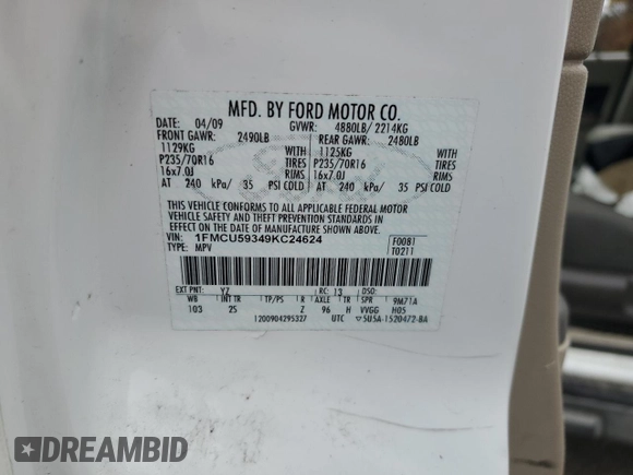 2009 Ford Escape Hybrid with VIN 1FMCU59349KC24624, listed as a Copart auction lot 65111425 with 217,756 mi miles and Non repairable. Bid and sale history available at DreamBid. Image 15.