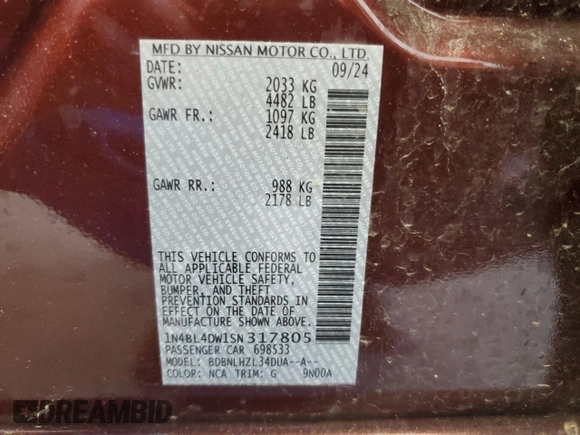 2025 Nissan Altima SV with VIN 1N4BL4DW1SN317805, listed as a Copart auction lot 53736445 with 10,384 mi miles and Clean Title. Bid and sale history available at DreamBid. Image 13.