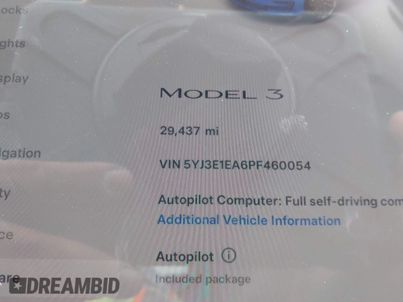2023 Tesla Model 3 with VIN 5YJ3E1EA6PF460054, listed as a IAAI auction lot 41231368 with 29,437 mi miles and . Bid and sale history available at DreamBid. Image 12.