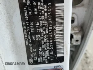 2015 Kia Optima EX with VIN 5XXGN4A78FG496319, listed as a Copart auction lot 44060095 with 101,584 mi miles and Salvage Title. Bid and sale history available at DreamBid. Image 14.