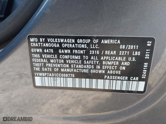 2012 Volkswagen Passat SE with VIN 1VWBP7A31CC008775, listed as a IAAI auction lot 41353437 with 118,815 mi miles. Bid and sale history available at carsss.com. Image 9.
