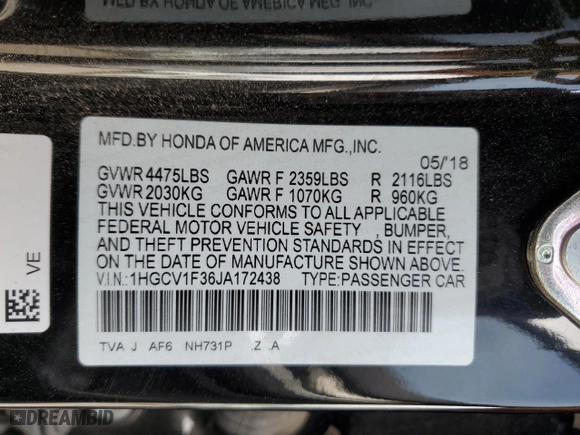 2018 Honda Accord Sedan Sport 1.5T with VIN 1HGCV1F36JA172438, listed as a Copart auction lot 50894465 with 55,337 mi miles and Salvage Title. Bid and sale history available at carsss.com. Image 14.