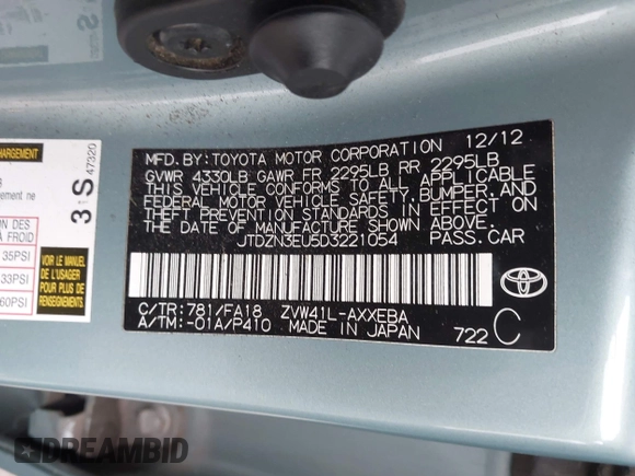 2013 Toyota Prius Two with VIN JTDZN3EU5D3221054, listed as a IAAI auction lot 42107385 with 132,993 mi miles and . Bid and sale history available at DreamBid. Image 9.
