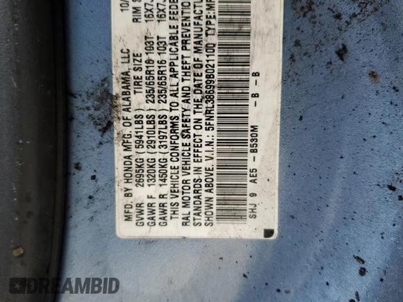2009 Honda Odyssey EX-L with VIN 5FNRL38699B021100, listed as a Copart auction lot 52871295 with Not Provided miles and Non Repairable. Bid and sale history available at DreamBid. Image 13.