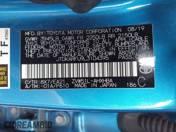2020 Toyota Prius L Eco z VIN JTDKARFU9L3104395, wystawiony jako IAAI lot #42207156 z przebiegiem 85 572 mil mil oraz . Historia ofert i sprzedaży dostępna na DreamBid. Obrazek 9.