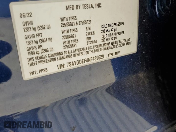 2022 Tesla Model Y Performance with VIN 7SAYGDEF4NF489629, listed as a Copart auction lot 64181775 with 22,120 mi miles and Salvage title. Bid and sale history available at DreamBid. Image 12.