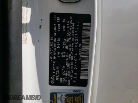 2019 Kia Optima LX z VIN 5XXGT4L30KG366223, wystawiony jako Copart lot #54241465 z przebiegiem 57 598 mil mil oraz Szkoda całkowita • Salvage title. Historia ofert i sprzedaży dostępna na DreamBid. Obrazek 12.
