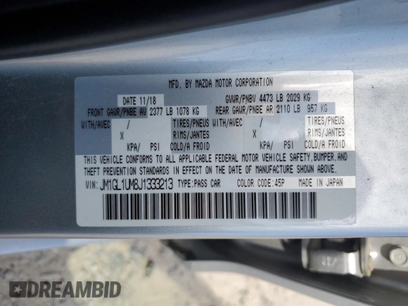 2018 Mazda Mazda6 Sport with VIN JM1GL1UM8J1333213, listed as a Copart auction lot 53103635 with 22,934 mi miles and Salvage Title. Bid and sale history available at carsss.com. Image 15.