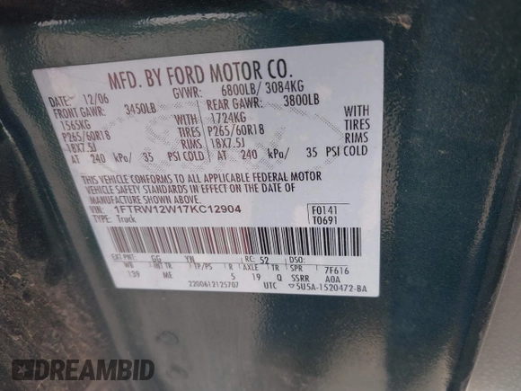 2007 Ford F-150 XLT z VIN 1FTRW12W17KC12904, wystawiony jako IAAI lot #41523160 z przebiegiem 161 218 mil mil oraz . Historia ofert i sprzedaży dostępna na DreamBid. Obrazek 9.