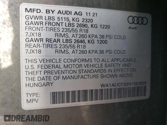 2022 Audi Q3 Premium with VIN WA1AUCF33N1052925, listed as a Copart auction lot 45545485 with 37,002 mi miles and Salvage Title. Bid and sale history available at carsss.com. Image 13.