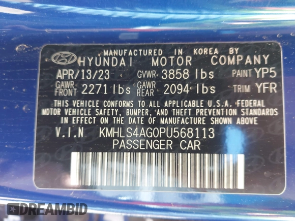 2023 Hyundai Elantra SEL with VIN KMHLS4AG0PU568113, listed as a IAAI auction lot 41725253 with 20,130 mi miles and . Bid and sale history available at DreamBid. Image 9.