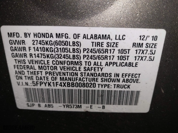 2011 Honda Ridgeline RTS with VIN 5FPYK1F4XBB008020, listed as a IAAI auction lot 41817310 with 227,803 mi miles. Bid and sale history available at carsss.com. Image 9.