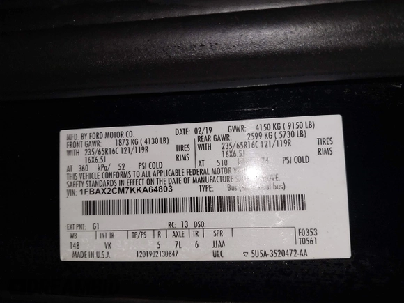 2019 Ford Transit Passenger XL with VIN 1FBAX2CM7KKA64803, listed as a IAAI auction lot 42220187 with 93,853 mi miles and . Bid and sale history available at DreamBid. Image 9.