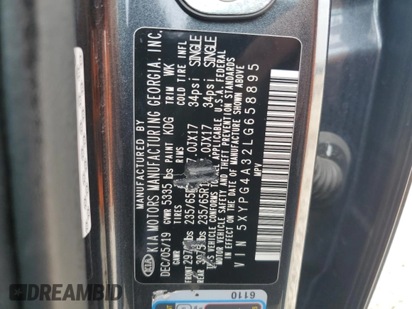 2020 Kia Sorento L with VIN 5XYPG4A32LG658895, listed as a Copart auction lot 52853975 with 51,142 mi miles and Salvage Title. Bid and sale history available at carsss.com. Image 16.