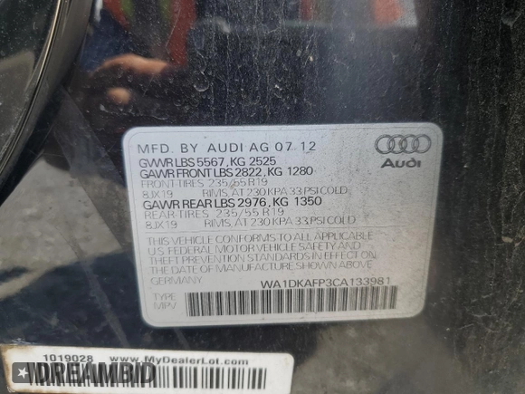 2012 Audi Q5 Premium Plus with VIN WA1DKAFP3CA133981, listed as a Copart auction lot 61937765 with 74,827 mi miles and Salvage title. Bid and sale history available at DreamBid. Image 13.