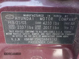 2003 Hyundai Sonata GLS with VIN KMHWF35H23A849193, listed as a IAAI auction lot 42023187 with 58,300 mi miles. Bid and sale history available at carsss.com. Image 9.