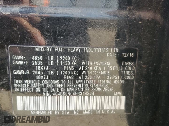 2017 Subaru Outback Limited with VIN 4S4BSENC4H3314324, listed as a Copart auction lot 59733205 with 105,518 mi miles and Clean title. Bid and sale history available at DreamBid. Image 12.