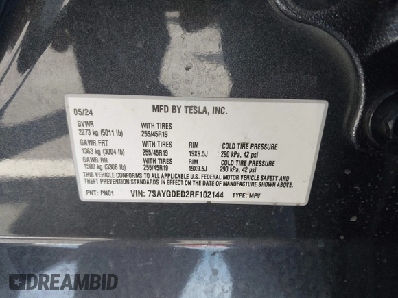 2024 Tesla Model Y с VIN 7SAYGDED2RF102144, выставлен на аукционе IAAI как лот 42278757 с пробегом 25 787 миль миль и . История ставок и продаж доступна на DreamBid. Изображение 9.