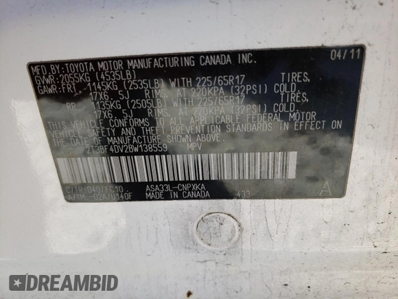 2011 Toyota RAV4 with VIN 2T3BF4DV2BW138559, listed as a Copart auction lot 83666794 with 140,953 mi miles and Clean Title. Bid and sale history available at DreamBid. Image 12.