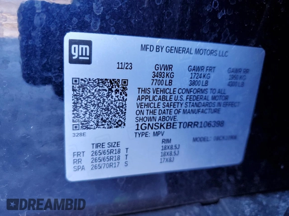 2024 Chevrolet Suburban with VIN 1GNSKBET0RR106398, listed as a Copart auction lot 46058085 with Not provided miles and Salvage title. Bid and sale history available at DreamBid. Image 14.