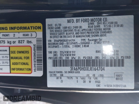 2020 Ford Fusion SE with VIN 3FA6P0HDXLR164704, listed as a IAAI auction lot 41190079 with 55,373 mi miles and . Bid and sale history available at carsss.com. Image 9.