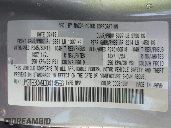 2013 Mazda CX-9 Touring with VIN JM3TB3CV9D0414598, listed as a IAAI auction lot 40188367 with 183,764 mi miles. Bid and sale history available at carsss.com. Image 9.