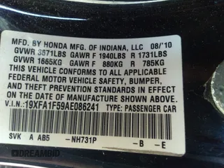 2010 Honda Civic LX with VIN 19XFA1F59AE086241, listed as a IAAI auction lot 41775385 with 188,240 mi miles and . Bid and sale history available at DreamBid. Image 9.