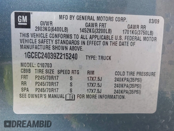 2009 Chevrolet Silverado 1500 with VIN 1GCEC24039Z215240, listed as a IAAI auction lot 41308199 with 104,662 mi miles and . Bid and sale history available at DreamBid. Image 9.