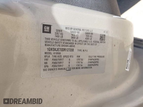 2013 Chevrolet Suburban LT with VIN 1GNSKJE70DR127208, listed as a IAAI auction lot 42285279 with 295,930 mi miles and . Bid and sale history available at DreamBid. Image 9.