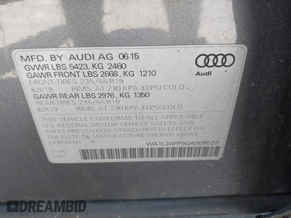 2016 Audi Q5 Premium Plus z VIN WA1L2AFP9GA009523, wystawiony jako IAAI lot #42536651 z przebiegiem 136 812 mil mil oraz . Historia ofert i sprzedaży dostępna na DreamBid. Obrazek 9.