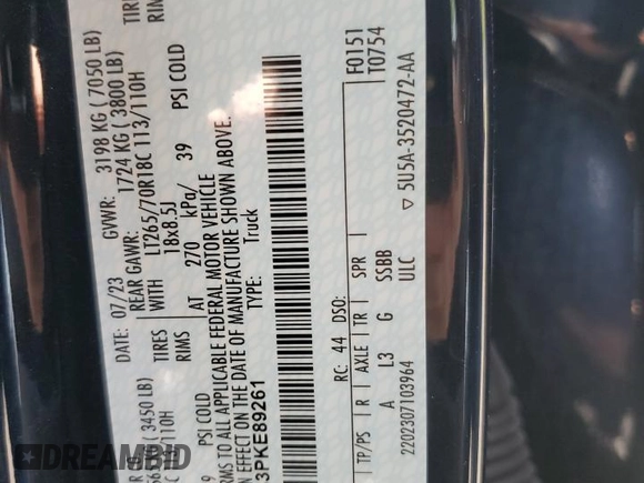 2023 Ford F-150 with VIN 1FTFW1P83PKE89261, listed as a Copart auction lot 56625325 with 9,079 mi miles and Salvage title. Bid and sale history available at DreamBid. Image 12.