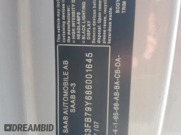 2008 Saab 9-3 z VIN YS3FB79Y686001645, wystawiony jako Copart lot #68333134 z przebiegiem 119 142 mil mil oraz Tytuł czysty. Historia ofert i sprzedaży dostępna na DreamBid. Obrazek 14.