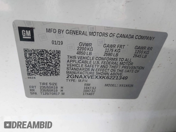 2019 Chevrolet Equinox LT with VIN 2GNAXVEXXK6221349, listed as a IAAI auction lot 41806959 with 129,382 mi miles. Bid and sale history available at carsss.com. Image 9.