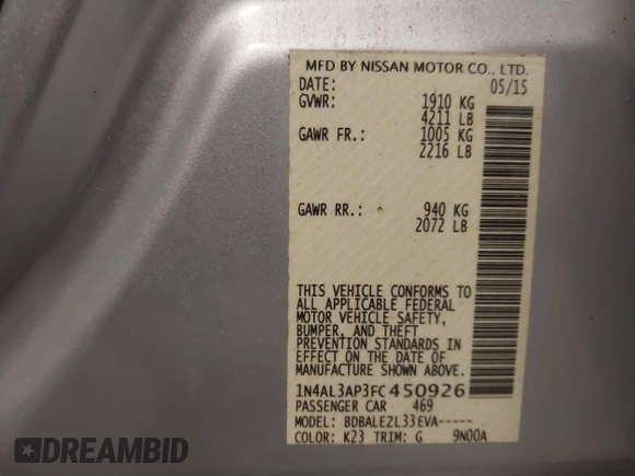 2015 Nissan Altima 2.5 S with VIN 1N4AL3AP3FC450926, listed as a IAAI auction lot 41599401 with 109,275 mi miles. Bid and sale history available at carsss.com. Image 9.