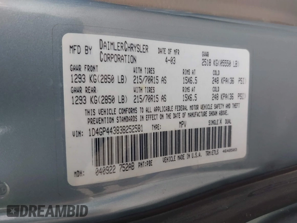 2003 Dodge Grand Caravan with VIN 1D4GP44383B252581, listed as a IAAI auction lot 41838754 with 164,773 mi miles and . Bid and sale history available at DreamBid. Image 9.