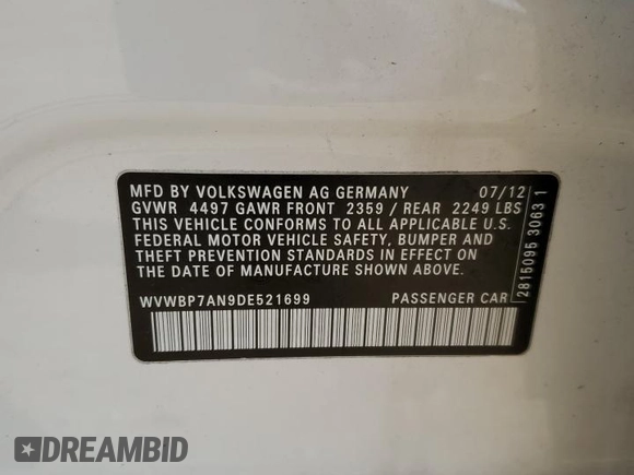 2013 Volkswagen CC Sport Plus z VIN WVWBP7AN9DE521699, wystawiony jako Copart lot #48622655 z przebiegiem 118 157 mil mil oraz Czysty tytuł • Clean title. Historia ofert i sprzedaży dostępna na DreamBid. Obrazek 12.