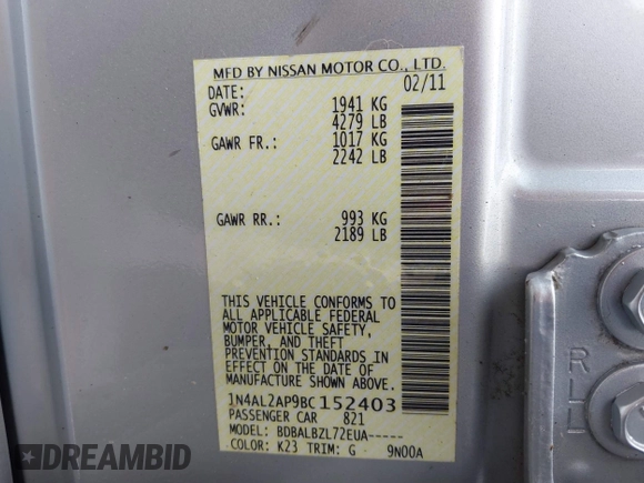 2011 Nissan Altima S with VIN 1N4AL2AP9BC152403, listed as a IAAI auction lot 42505092 with 172,725 mi miles and . Bid and sale history available at DreamBid. Image 9.