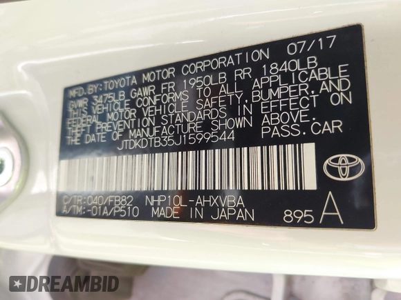 2018 Toyota Prius One with VIN JTDKDTB35J1599544, listed as a IAAI auction lot 42041925 with 79,501 mi miles and . Bid and sale history available at DreamBid. Image 9.